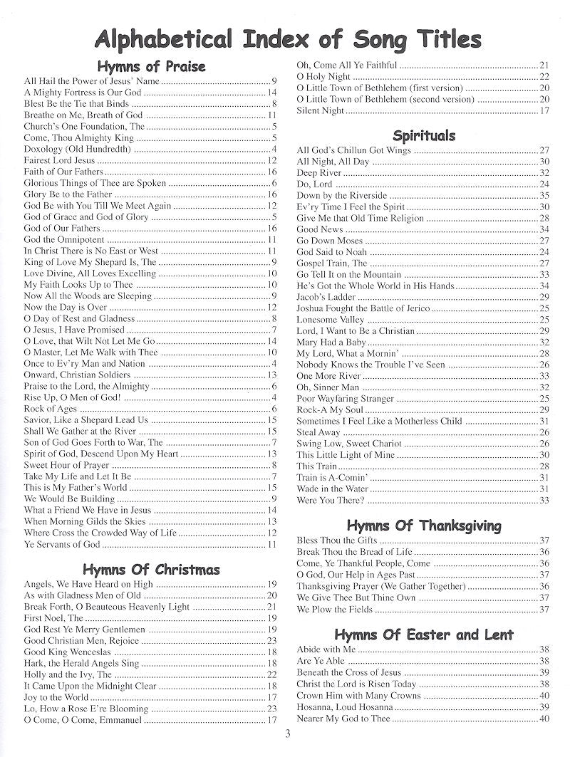 An alphabetical index of song titles listing various hymns, spirituals, and popular songs for different occasions and seasons along with their corresponding page numbers in *A Treasury of Hymns and Spirituals for Autoharp by Meg Peterson*.