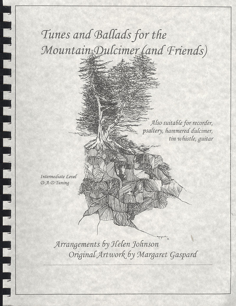 A spiral-bound music book titled "Tunes and Ballads - by Helen Johnson" with a pen-and-ink illustration of a mountain landscape