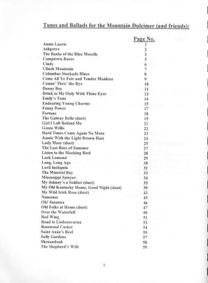 Table of contents for "Tunes and Ballads - by Helen Johnson" showing a list of song titles in D-A-D tuning and their corresponding page numbers.
