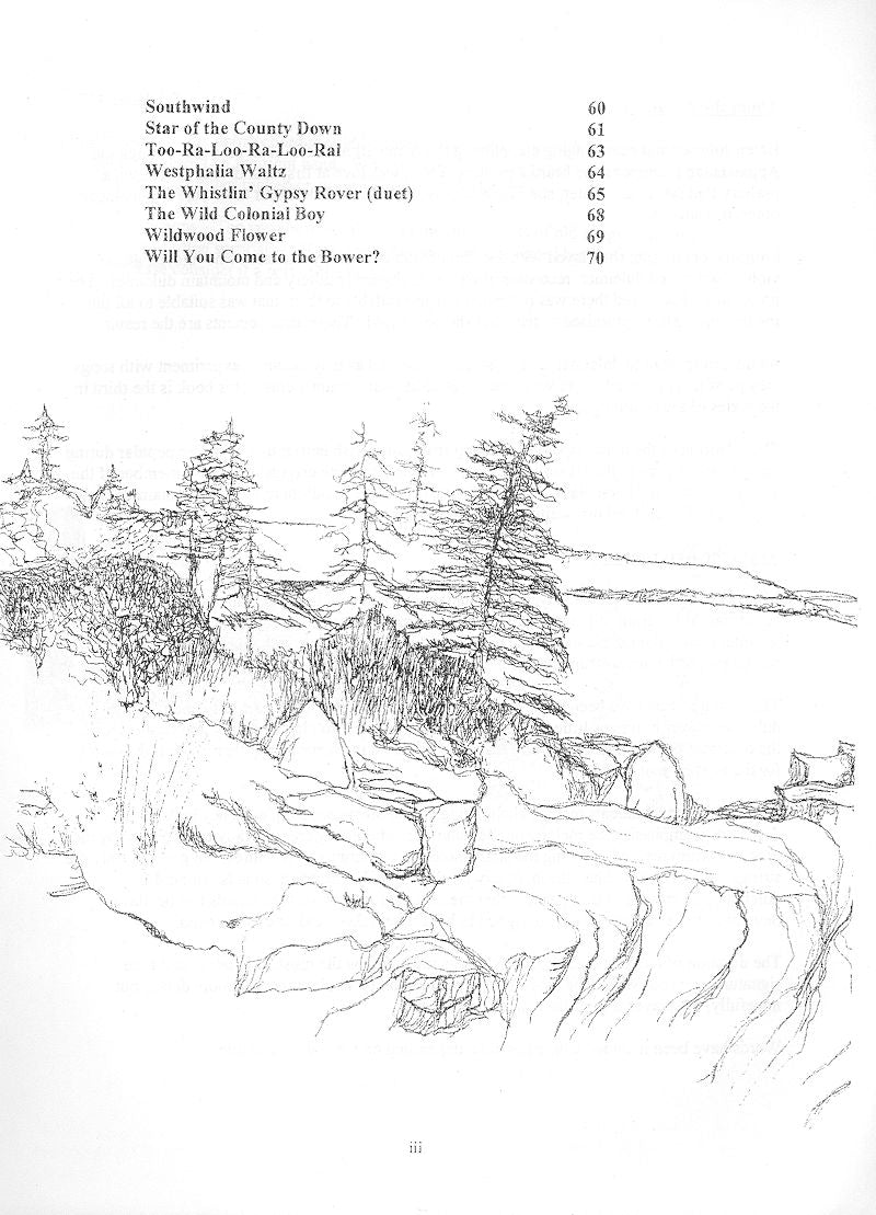 A pencil sketch of a rugged coastal landscape with trees and a distant lighthouse, accompanied by "Tunes and Ballads - by Helen Johnson" on the left side.