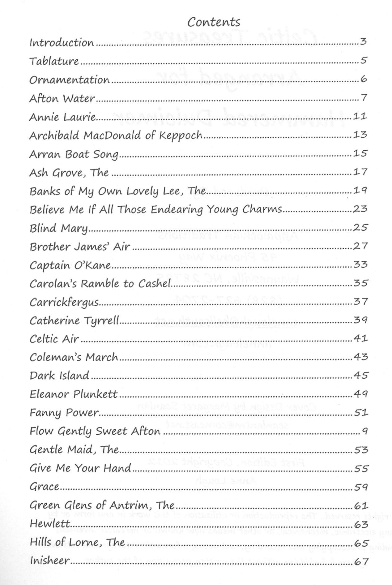 Image of a table of contents from Celtic Treasures for Hammered Dulcimer by Anne Lough, listing chapter titles like "Arabic Boat Song," "Catherine Tyrrell," and "Hints of Lorne arranged in traditional keys.