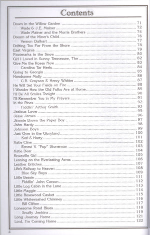 Index page of "Rural Roots of Bluegrass - by Wayne Erbsen" listing various traditional songs and bluegrass titles along with their corresponding page numbers.