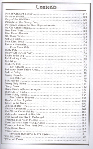 Table of contents listing various traditional songs and bluegrass titles with corresponding page numbers from Rural Roots of Bluegrass - by Wayne Erbsen.