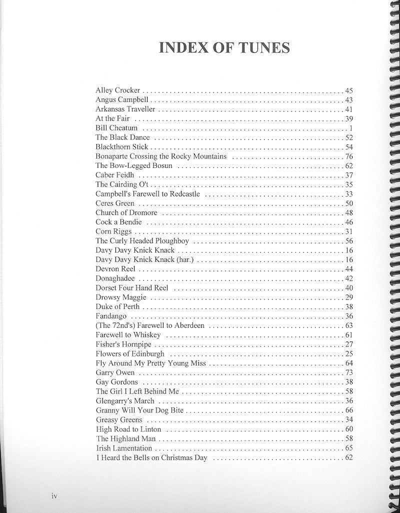 Index of Scottish country dance tunes listed in alphabetical order in "More Notes on a Hammered Dulcimer by Ed Hale," each with corresponding page numbers on the right side.