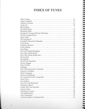 Index of Scottish country dance tunes listed in alphabetical order in "More Notes on a Hammered Dulcimer by Ed Hale," each with corresponding page numbers on the right side.