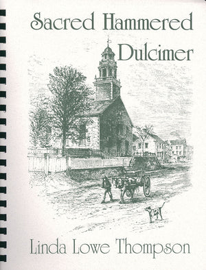 Sentence with replaced product name: Sacred Hammered Dulcimer by Linda Lowe Thompson featuring a sketch of a historic village scene with a church, horse-drawn cart, and a dog.