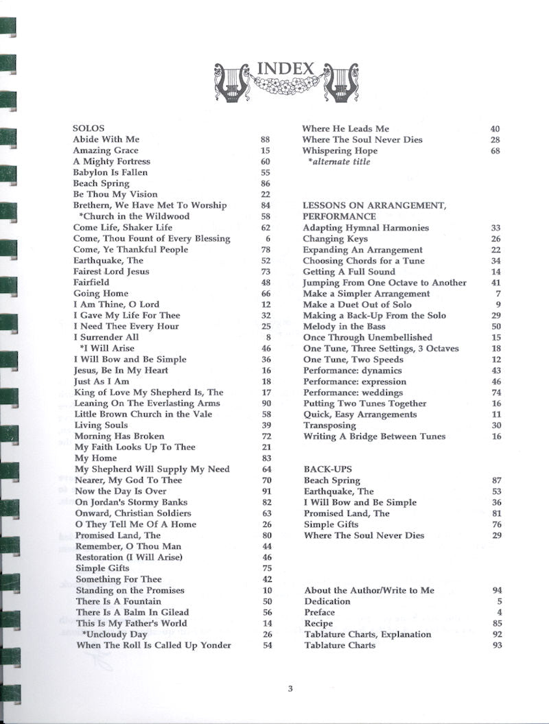 Table of contents page from "Sacred Hammered Dulcimer by Linda Lowe Thompson" showing a list of chapter titles and their corresponding page numbers on sacred tunes, formatted in two columns.