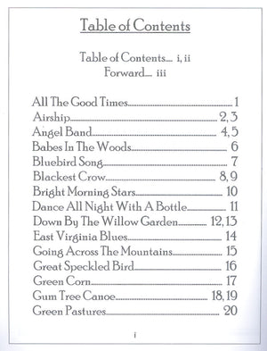A table of contents for a book about Mountain View Treasures - by Red Dog Jam songs, including the popular Red Dog Jam.