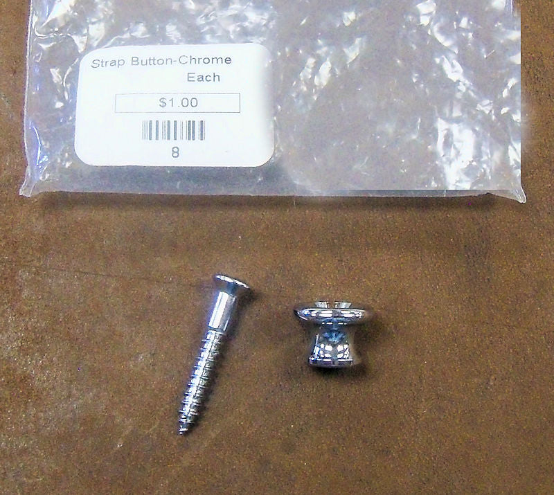 A silver screw and a plastic bag with Strap Buttons - Chrome (Pair).