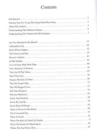 A table of contents listing chapters and corresponding page numbers for a book. Chapters cover various topics, including an introduction to specific gospel songs like "Are You Washed in the Blood?" and "Victory in Jesus," along with sections on guitar tablature and autoharp arrangements found in **Autoharping the Gospels by Carol Stober**.