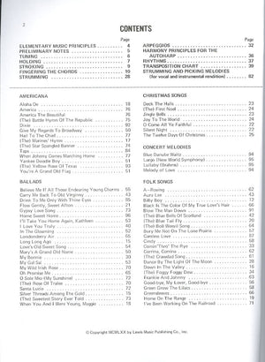 Table of contents from **The Autoharp Complete Method and Music by Alexander Shealy** listing various categories such as Americana, Ballads, Memory Lane, Today’s Hits, Christmas Songs, Sacred, Novelty Songs, and Medleys with page numbers and autoharp chords for well-known songs.