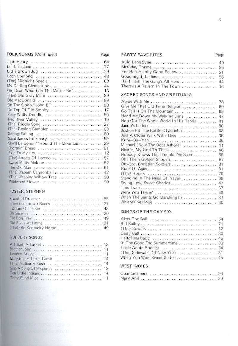 A table of contents listing well-known songs under categories such as "Folk Songs," "Stephen Foster," "Party Favorites," "Sacred Songs and Spirituals," and "Songs of the Gay Nineties" with page numbers and chords for autoharp enthusiasts can be found in The Autoharp Complete Method and Music by Alexander Shealy.