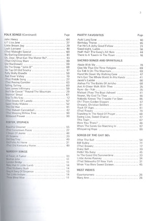 A table of contents listing well-known songs under categories such as "Folk Songs," "Stephen Foster," "Party Favorites," "Sacred Songs and Spirituals," and "Songs of the Gay Nineties" with page numbers and chords for autoharp enthusiasts can be found in The Autoharp Complete Method and Music by Alexander Shealy.