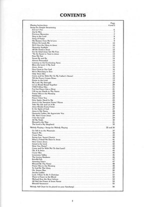 Table of contents listing song titles with corresponding page numbers, including melody notation and chords, such as "Sloop John B" on page 5 and "Kumbaya" on page 11, totaling 56 pages in Hymns for Autoharp by Meg Peterson.