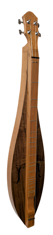 A wooden Appalachian dulcimer with four tuning pegs and a teardrop-shaped body, photographed upright against a white background.