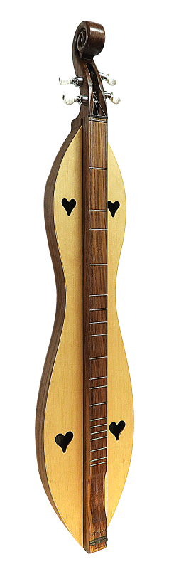 A wooden mountain dulcimer with a curved hourglass shape and heart-shaped sound holes, displayed vertically against a black background.