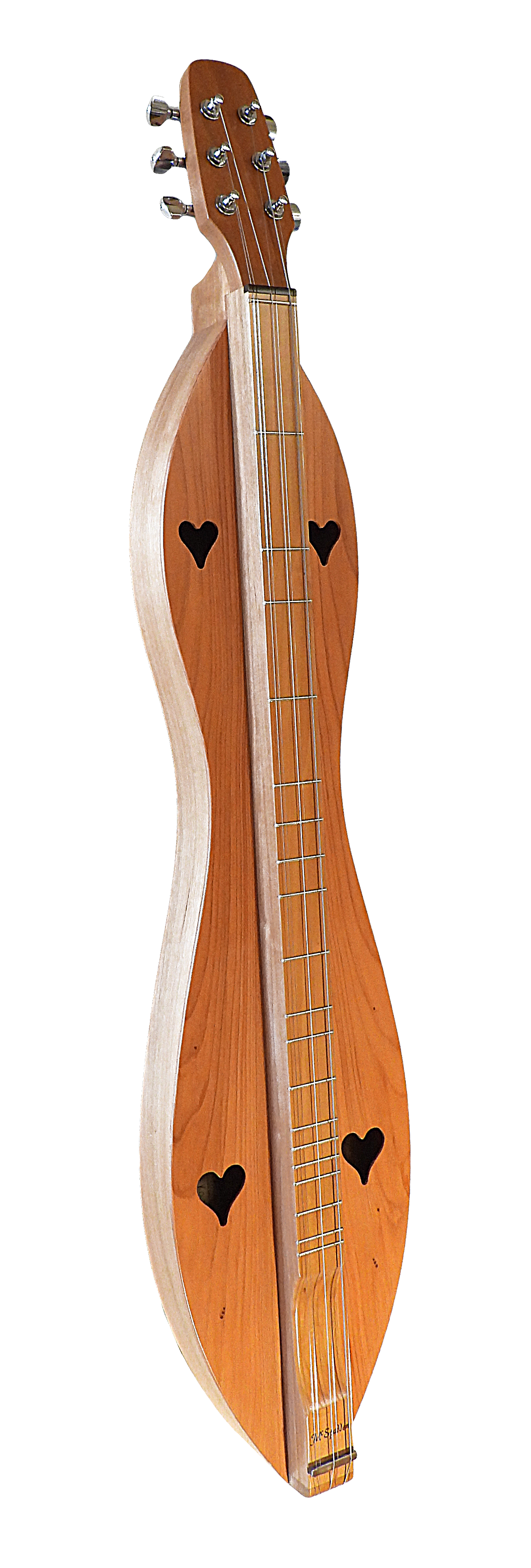 A wooden Appalachian dulcimer with a curved hourglass shape, four tuning pegs, metal strings, and three heart-shaped sound holes.