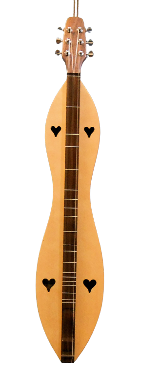 Stringed musical instrument with a wooden body and four heart-shaped sound holes.