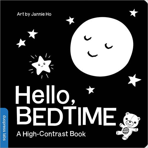 Cover of "Hello, Bedtime" showcasing a cartoon moon, star, and teddy bear set against a black background. Illustrated by Jannie Ho.