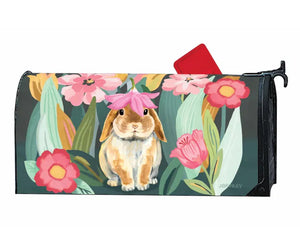 A UV-printed Studio M Mailbox Wraps magnetic mailbox cover featuring a bunny in a flower garden.