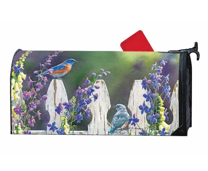 Studio M Oversized Mailbox Wraps Bluebirds on a fence magnetic mailbox cover.