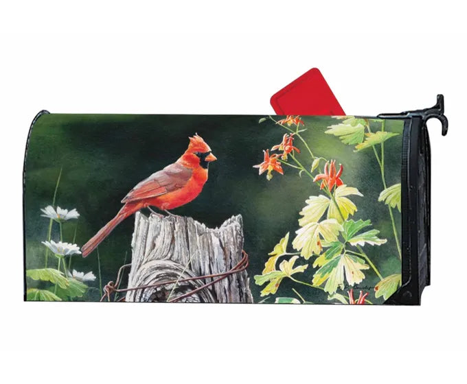 A Studio M Oversized Mailbox Wrap featuring a red cardinal.