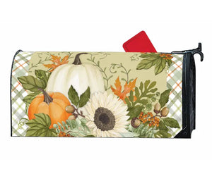 A UV-printed magnetic Studio M Mailbox Wraps featuring pumpkins, sunflowers, and leaves.