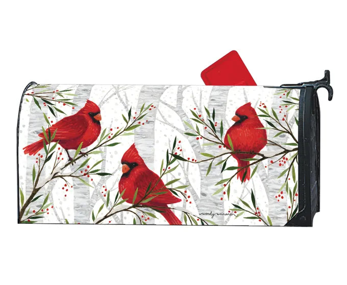This UV-printed Studio M Mailbox Wraps magnetic mailbox cover features red cardinals perched on branches.