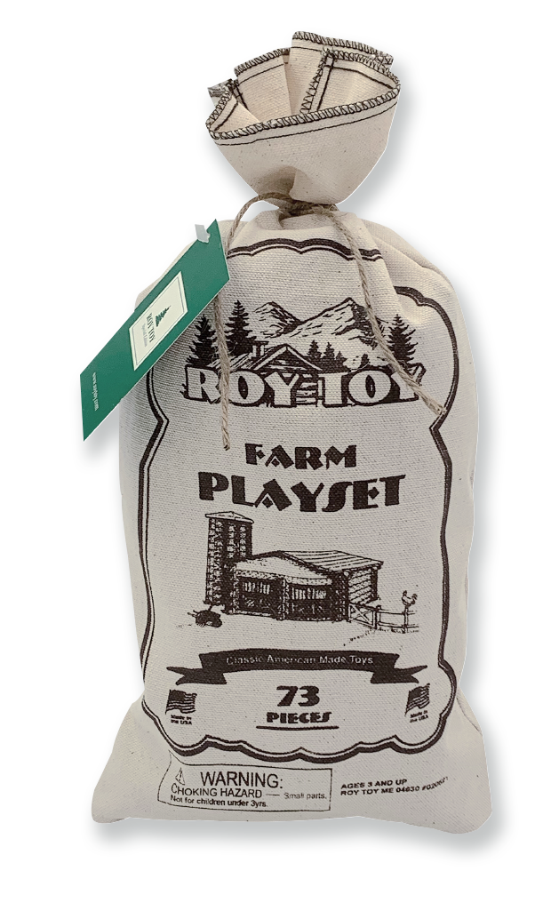 A cloth bag labeled "Roy Toy Farm Canvas Bag," featuring a rustic illustration of a farm, containing 73 pieces for creative play. A green tag is attached to the bag. Warning text indicates small parts and choking hazard, underscoring it as an educational toy suitable for ages 3 and up.