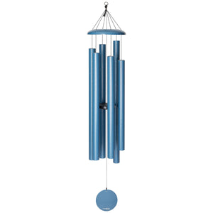 The Corinthian Bells® 65-inch Windchime features five blue metal tubes, a round top, central striker, and circular wind catcher suspended by thin wires, delivering deep resonance and elegant design for any space.