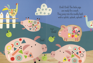 The "Farm, My First Tag Puzzle" features illustrated pigs with geometric patterns playing in a muddy bath, accompanied by the text, "Oink! Oink! The little pigs are ready for a wash. They jump into the muddy bath with a splish, splash, splosh!" This delightful scene helps develop fine motor skills and hand-eye coordination while teaching children about farm animals.