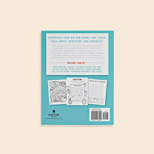 The back cover of Gratitude For Kids (Mindfulness Activity Book for Kids) showcases word searches, coloring, and kindness-themed puzzles with sample pages from this engaging children's activity book displayed below the description.
