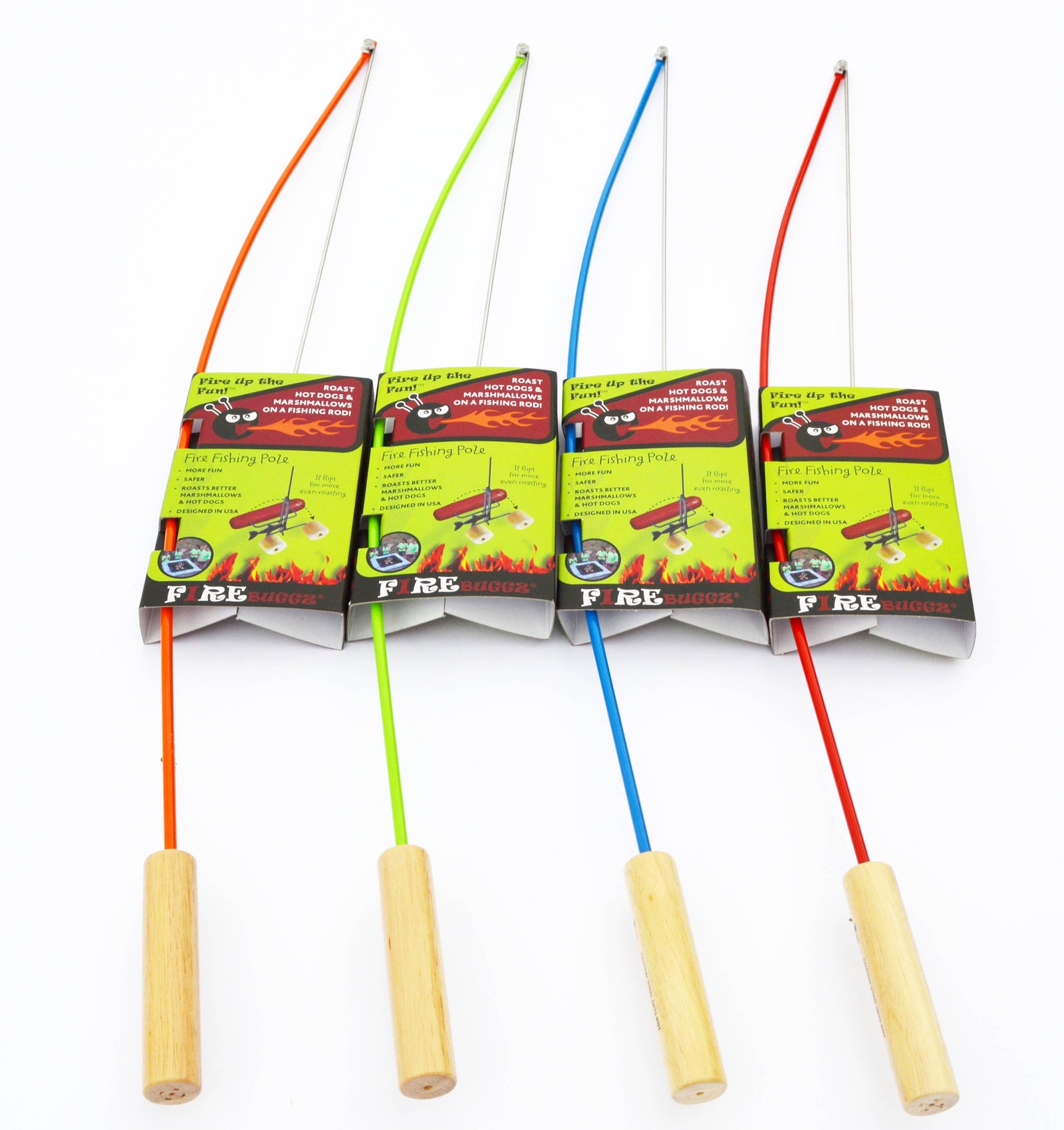 The Fire Fishing Pole features four brightly colored rods with wooden handles, each labeled and arranged side by side—ideal for campfire fun as unique fishing pole roasting sticks.