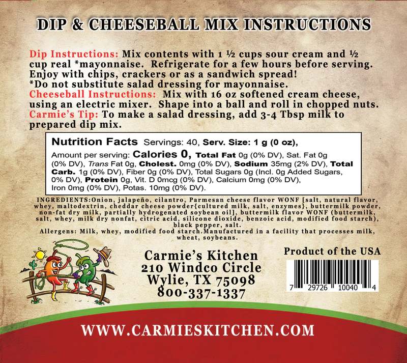 An instruction label for Jalapeno Ranch Dip Mix featuring ingredients, preparation steps, nutrition facts, allergy information, Carmie's Kitchen contact details, and the website link. Try our ranch dip or add spicy green chiles for an extra kick to your favorite dip mixes!