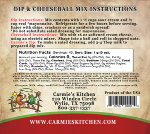 An instruction label for Jalapeno Ranch Dip Mix featuring ingredients, preparation steps, nutrition facts, allergy information, Carmie's Kitchen contact details, and the website link. Try our ranch dip or add spicy green chiles for an extra kick to your favorite dip mixes!