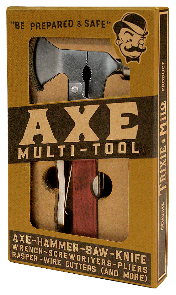 Packaging of an Axe Multi-Tool featuring tools like a hammer, saw, knife, wrench, screwdrivers, pliers, wire cutters, and more, illustrated with a smiling cartoon man.