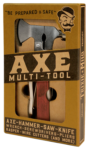 Packaging of an Axe Multi-Tool featuring tools like a hammer, saw, knife, wrench, screwdrivers, pliers, wire cutters, and more, illustrated with a smiling cartoon man.