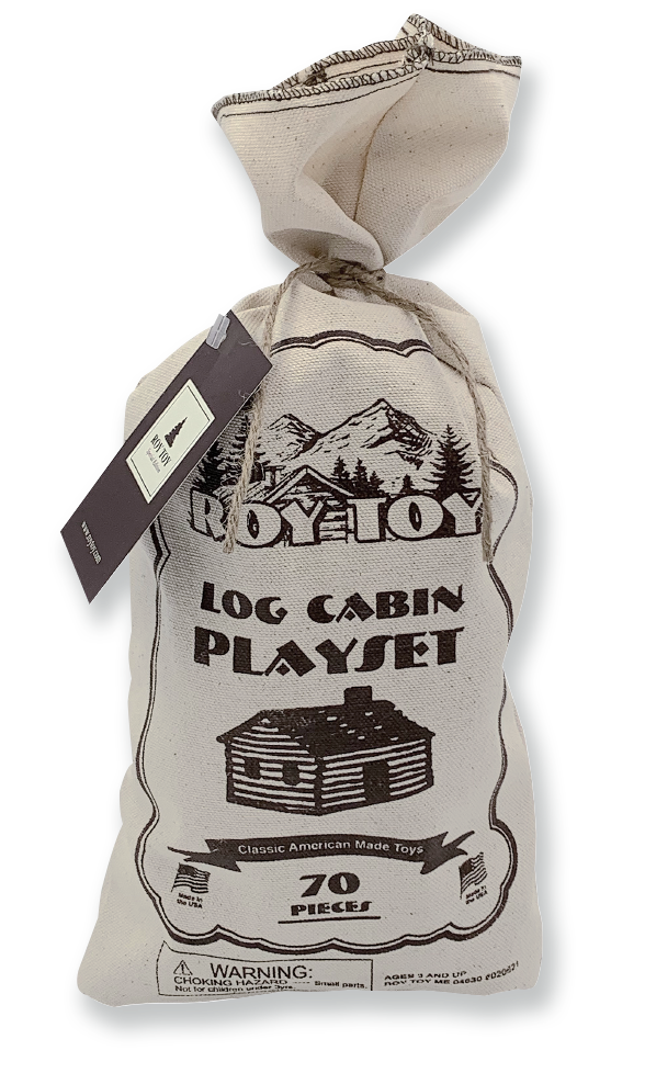 A canvas bag with the text "Roy Toy Log Cabin Canvas Bag" and an illustration of a log cabin. This educational toy contains all-wood pieces, totaling 70, and has a black tag attached.