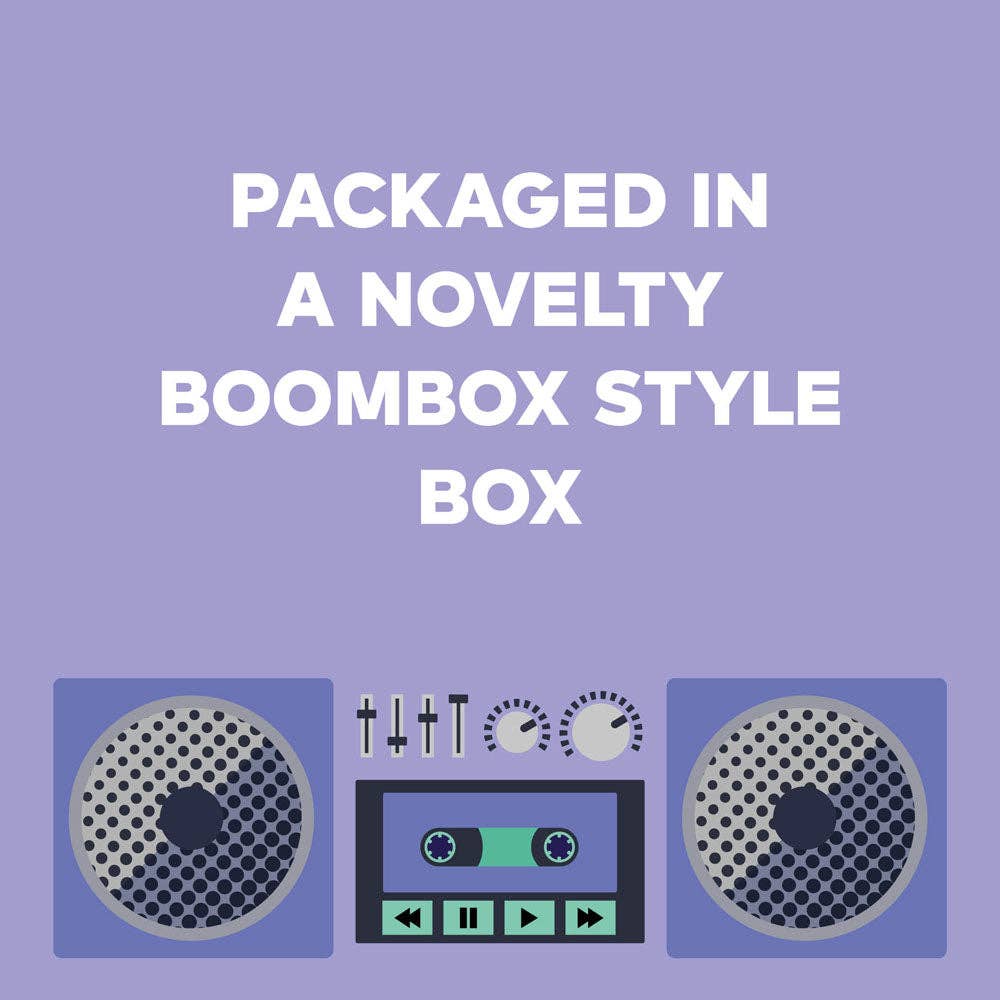 A purple and grey 100 Music Jokes stereo system with cassette-style card playback, perfect for music lovers.