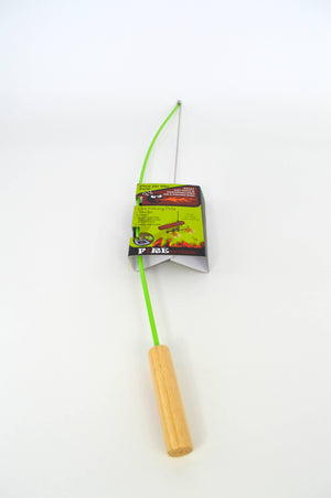 The Fire Fishing Pole is a green cat toy wand with a wooden handle and attached packaging, designed like a fishing pole roasting stick for extra fun, displayed on a white background.