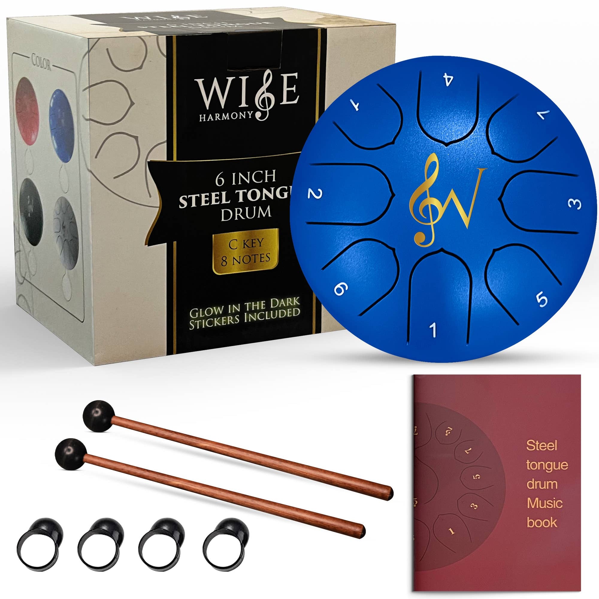 The Steel Tongue Drum 6-Inch 8-Notes comes in blue and includes eight numbered sections, two mallets, four finger picks, a music book, and product packaging. Ideal for relaxation and sound healing, this drum features a glow-in-the-dark C key and eight soothing notes.