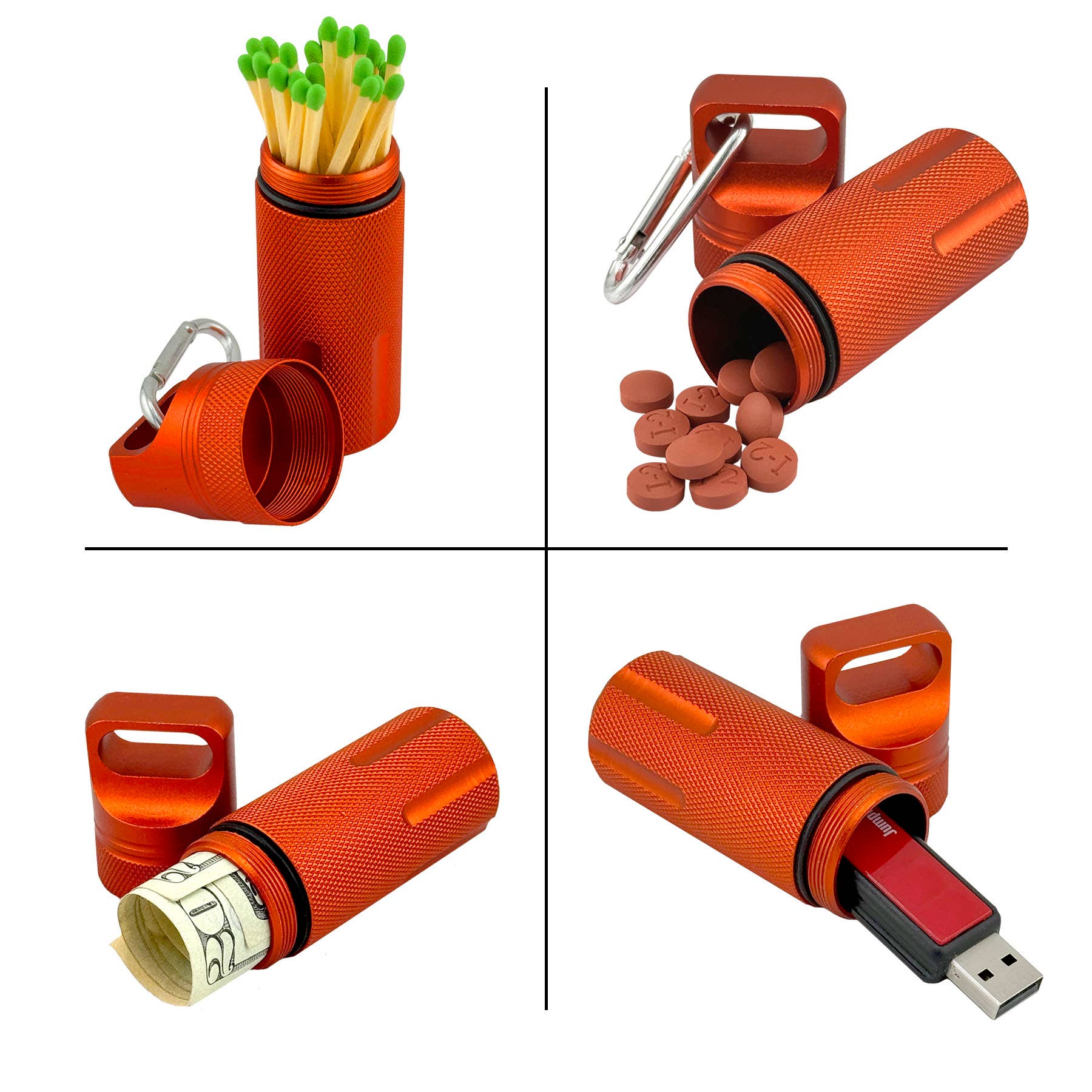 Four images showing a set of Trek Tubes (Set of 2) Waterproof Aluminum Containers used as a holder for matches, pills, cash, and a USB drive, each demonstrated in separate setups.