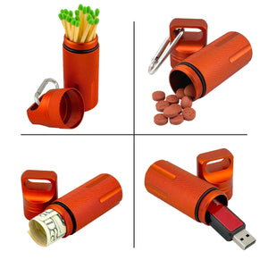 Four images showing a set of Trek Tubes (Set of 2) Waterproof Aluminum Containers used as a holder for matches, pills, cash, and a USB drive, each demonstrated in separate setups.