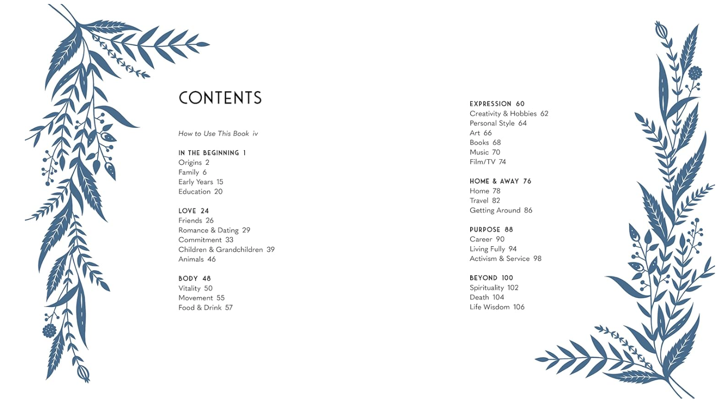 Contents page of "This Life of Mine" keepsake journal with categories: In The Beginning, Love, Body, Expression, Home & Away, Purpose, and Beyond. Decorative floral elements adorn the left and right sides. Perfect as a thoughtful gift to capture reflections and memories.