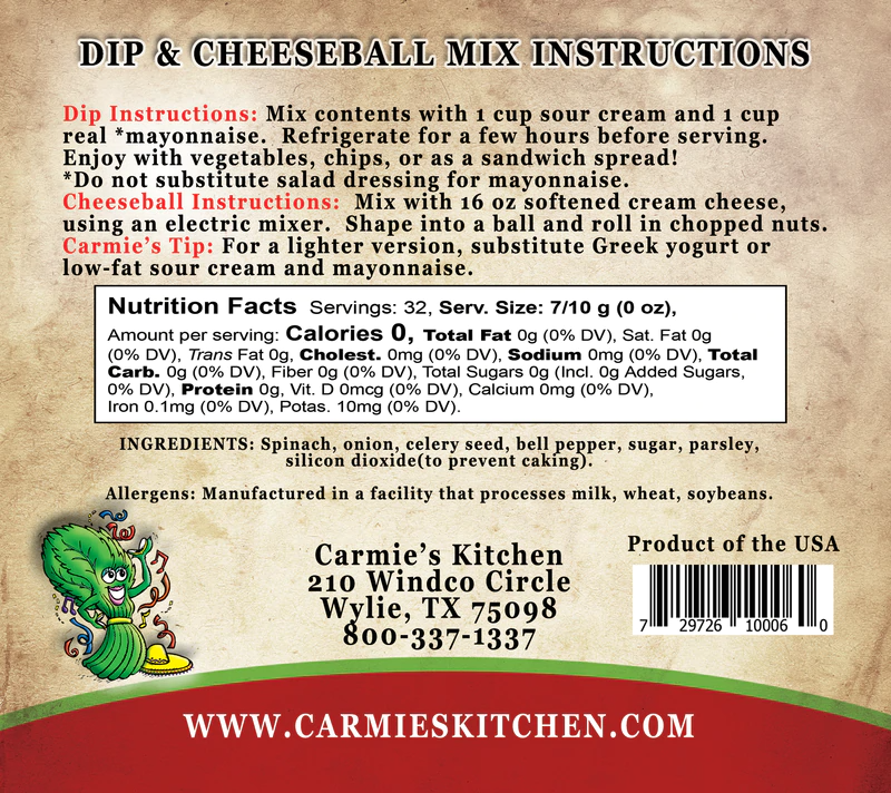 Fiesta Spinach Dip Mix Instructions with nutritional facts and allergens. Features include Carmie's Kitchen contact info and a tip for a healthier dip option using sour cream dip. Made in the USA, this makes a perfect holiday gift.