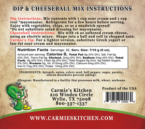 Fiesta Spinach Dip Mix Instructions with nutritional facts and allergens. Features include Carmie's Kitchen contact info and a tip for a healthier dip option using sour cream dip. Made in the USA, this makes a perfect holiday gift.