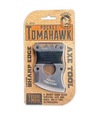 Sentence with product name: Pocket Tomahawk Axe Multi-Tool crafted from stainless steel, packaged on a cardboard backing, designed to fit in a wallet, complete with cutting edges and a survival manual.