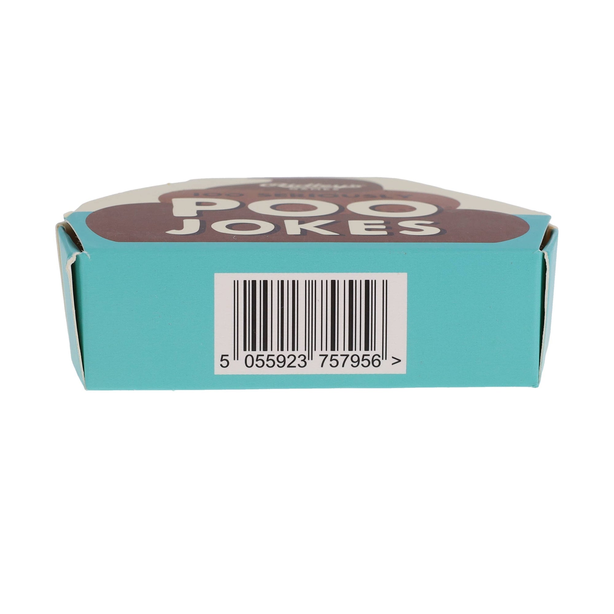 A blue box with a bar code on it, perfect for storing 100 Seriously Poo Jokes and turd-shaped cards from Ridley's Games.