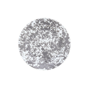 Splatter Enamelware Dinner Plate with a white base and gray speckled pattern, photographed from above against a plain white background—perfect for introducing modern charm to your entertaining collection or mixing and matching with other colorful serveware.