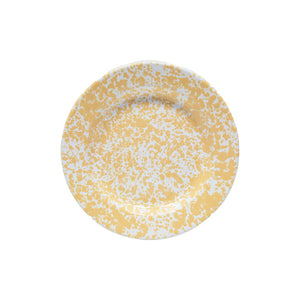 Splatter Enamelware Dinner Plate featuring a yellow and white splatter pattern on a round ceramic base, perfect for adding a touch of colorful serveware to your next entertaining occasion.